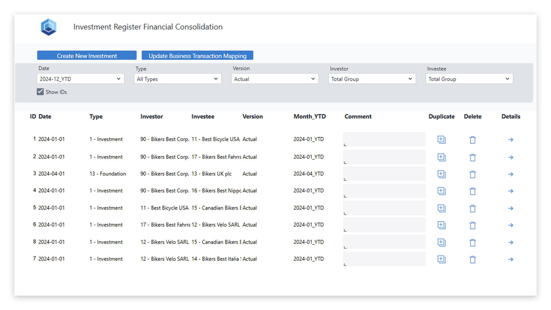 jedox financial consolidated investment register